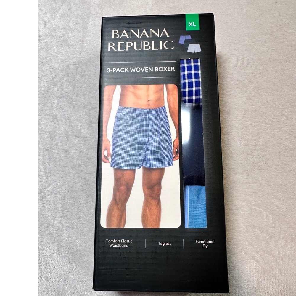 Banana Republic Mens 3-Pack Woven Boxer Cotton Underwear Blue Plaid XL New